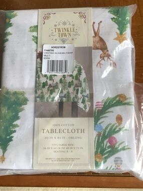 Festive Holiday Cotton Tablecloth with Green Tree, Reindeer and Cabin design